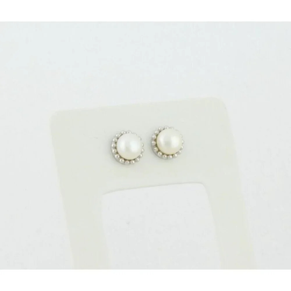 14k White Gold 8mm Freshwater Pearl Earrings Stud Post - Picture 6 of 9